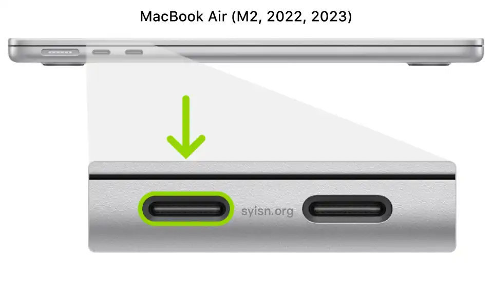 The left side of the MacBook Air (M2, 2022), showing two Thunderbolt 3 (USB-C) ports toward the back, with the leftmost one highlighted.